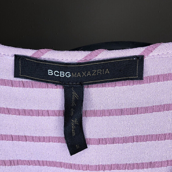 BCBG Maxazria Pink and Mauve Striped Blouse Faux wrap V Neck high-lo Size Small - Picture 2 of 12